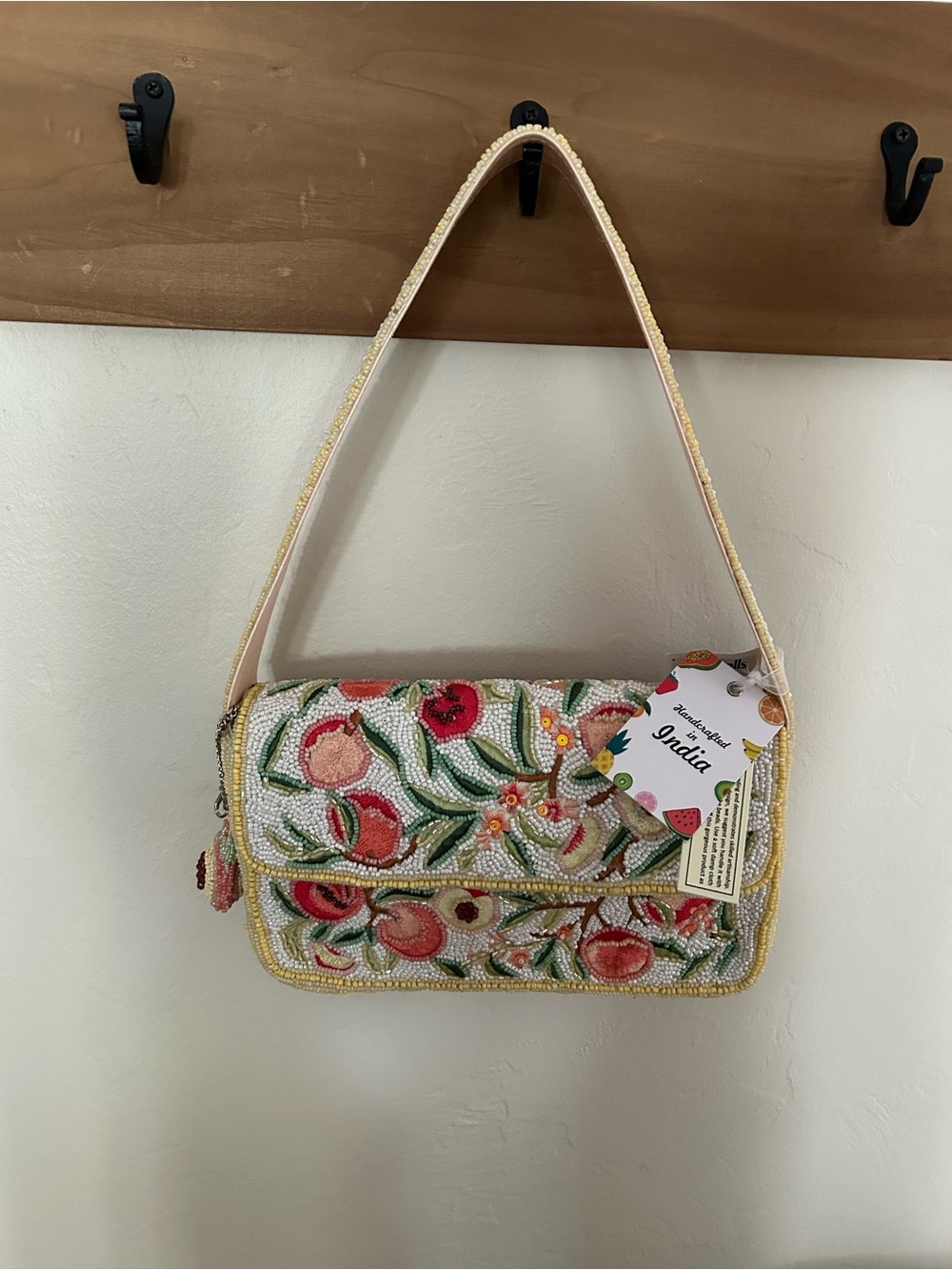 Marshalls Beaded Floral Shoulder Bag - Cream, Pink & Green PEACHES!